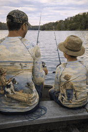 Big Fish, Little Fish - Cute Boy & Dog Fishing - 2 x Rashies - Playing Hooki