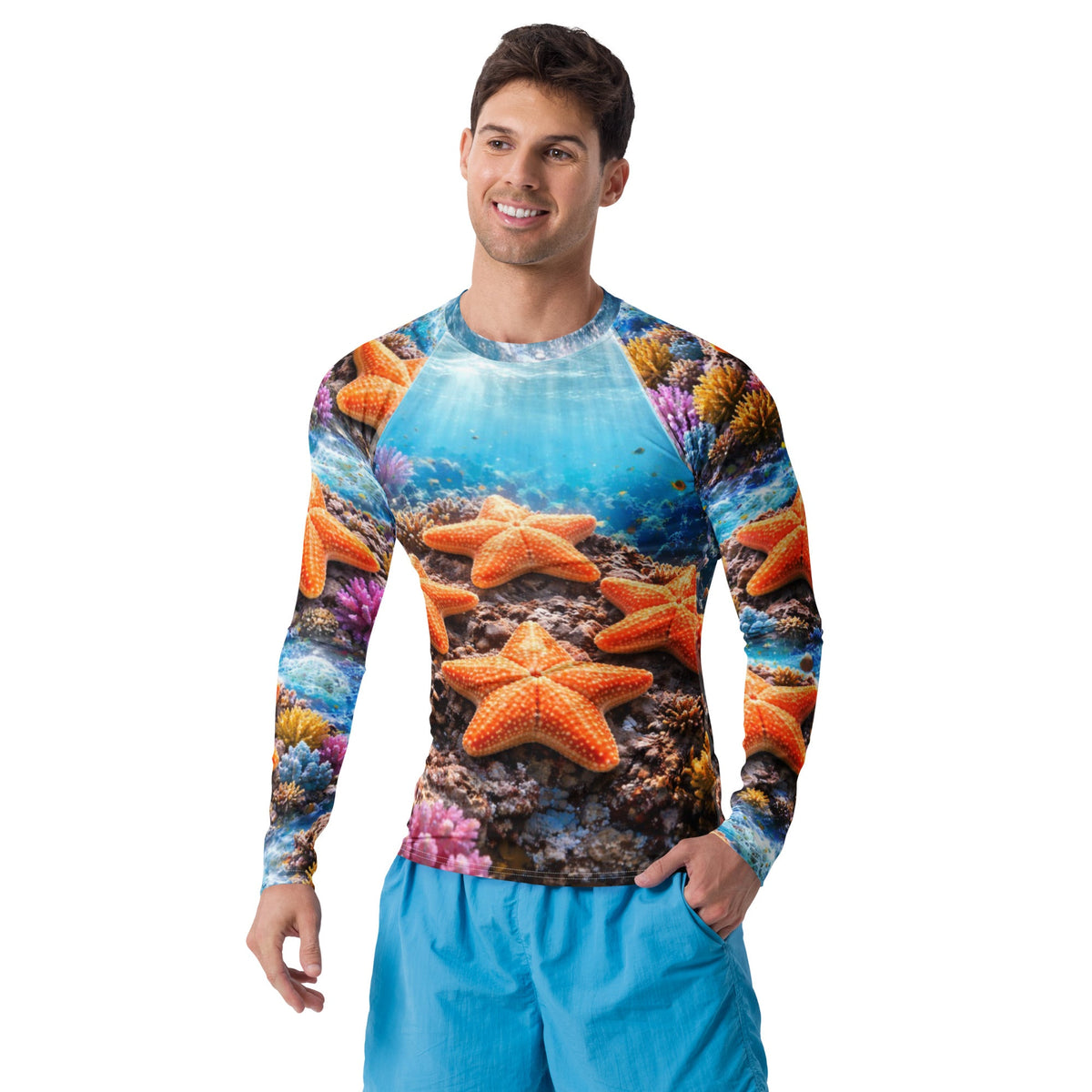Orange Starfish Rashie - Unisex Rash Guard - Playing Hooki