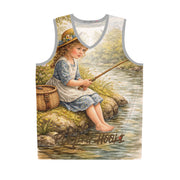 Vintage Child Fishing Girl - Mesh Tank Jersey - Playing Hooki